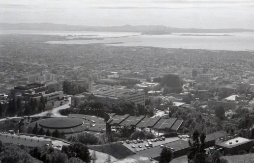 Cyclotron, Sather Tower and Cal Campus with Bay Bridge and San Francisco in the Distance, Berkeley, 