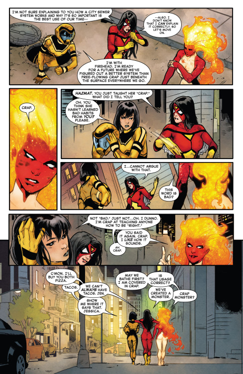 Fighting in the sewers is a very crappy…I mean cruddy job for Binary, Hazmat and Spider-Woman