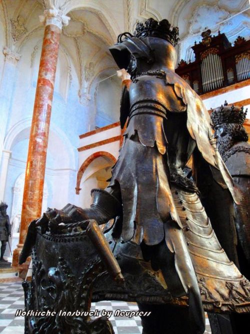 Statues from the tomb of Emperor Maximilian I in the Hofkirche, Innsbruck including a bronze figure 