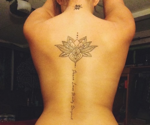 tattoos-org:  Lotus & aquarius symbol by Shane Knight at Reliance Tattoo | Peace love unity respect by Daisy at Copper Coffin TattooSubmit Your Tattoo Here: Tattoos.org