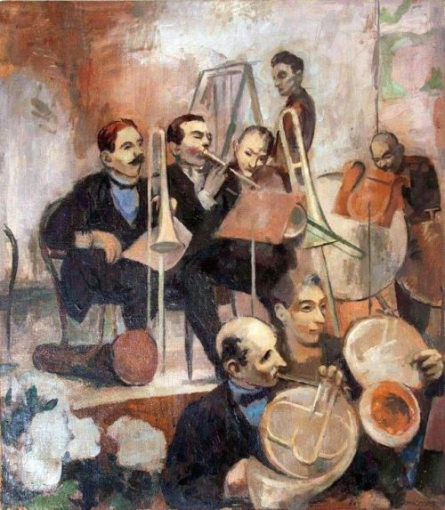 huariqueje:Hark to Trombone and Trumpet   -   John Albert Cooper , c.1930.British,1894-1943Oil on ca