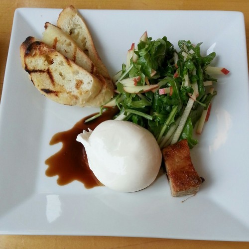 creatingaquietmind:  Fresh mozzarella & pork belly with apple salad and toast.  Filet mignon & NY strip grilled atop sweet potato fries with balsamic glaze