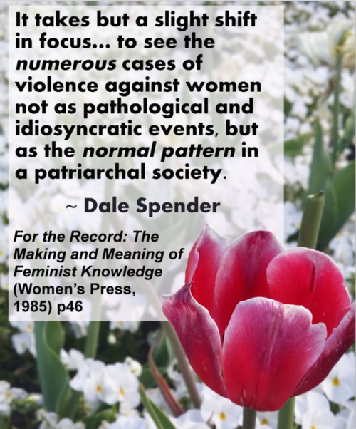 profeminist:  “It takes but a slight shift in focus… to see the numerous cases of violence against women not as pathological and idiosyncratic events, but as the normal pattern in a patriarchal society.”- Dale Spender, from For the Record: The Making