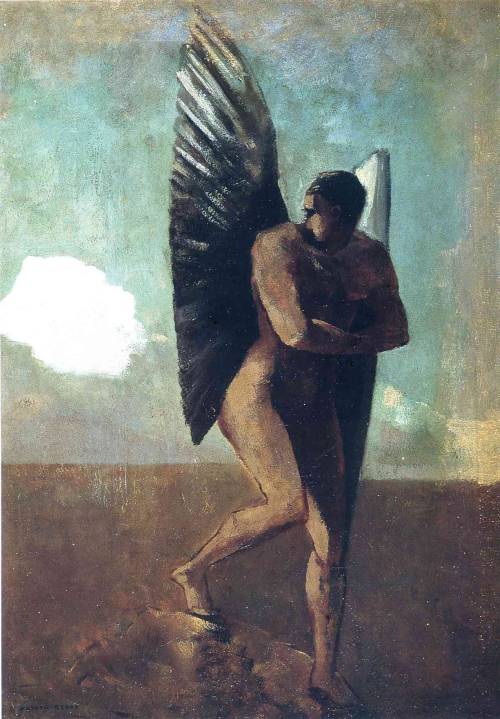 artist-redon:Fallen Angel Looking at at Cloud, 1875, Odilon RedonMedium: oil,canvas