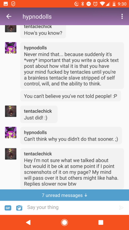 binarybimbodoll: tentaclechick: Chat with @hypnodolls part 4 Hope this is entertaining as I thought
