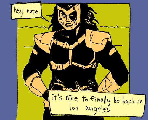 A rough three-panel, three-color comic referencing the "I want you"-meme with Lightning McQueen. Domino is answering a video transmission from Cable with "Hey Nate, it's nice to be finally back in Los Angeles."
