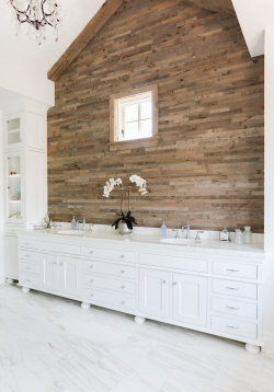 designmeetstyle:  dustjacketattic:  marble floor/wood feature wall | blackband design  Love the mixing of materials for a stunning bathroom. Like the look of wood but aren’t sure about using it in a humid environment? Get a similar effect with wood-look