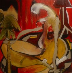 carmeljenkin-art:  Painting by Carmel Jenkin Red Room, oil on canvas, 40” x 40” A piece that I reworked many times over a long period of time. After a while I didn’t really see a nude with its objects in a domestic interior. What I saw was a series