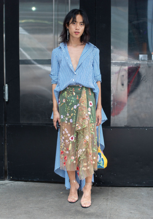 nyc-looks:Yên“I’m wearing a Marques Almeida skirt, a Topshop shirt, Steve Madden shoes, and Kinchaku