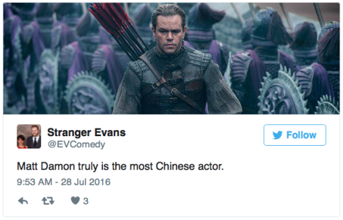 the-wolfbats:micdotcom:Matt Damn gets all the screen time in The Great Wall trailer and people are p