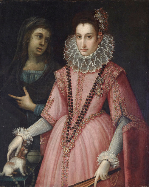 Portrait of a Lady in a Pink Gown with her Pet Dog by Lavinia Fontana (1552-1614)