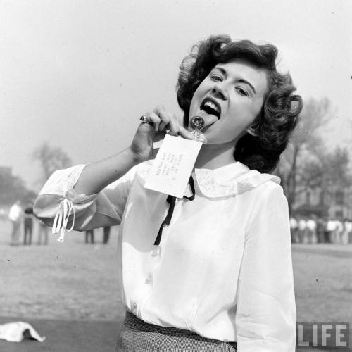 Class officers elections campaigning at DePaul University(Wallace Kirkland. 1947)