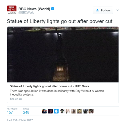 Source Statue of Liberty lights go out after power cut “The lights illuminating the statue in 