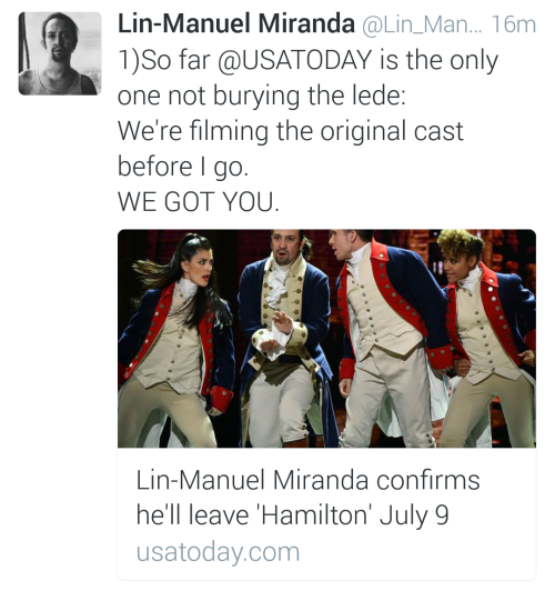 purelintrash:Lin-Manuel Miranda confirms he’ll leave ‘Hamilton’ July 9The happiest