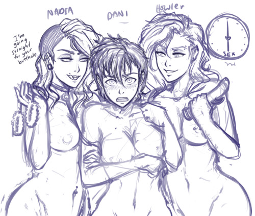 kyhuafterdark:   stream sketches of the OT3 girlfriends!:   my OC Nadia, Niko’s Dani, and Owler’s Howler <3  oh how I wish I was part of this group > n<.