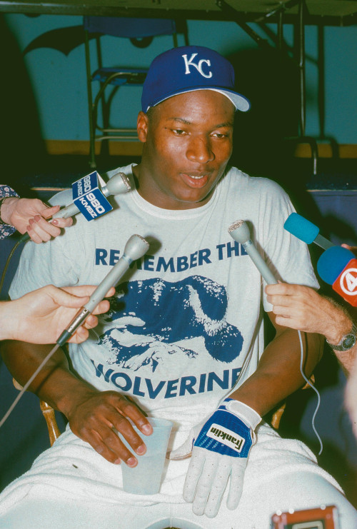  Bo Jackson photographed by Tim DeFrisco while talking to media after winning the MVP Award during t