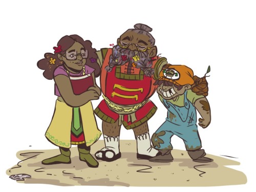 asilverdoesdraw:Merle and his kiddos[image description: a drawing of Mavis, Merle and Mookie standin