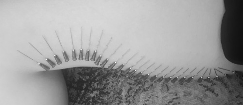 miniature-minx:  kittenava:  lazy Sunday needles log 20.11.16  Black and white because hiding my atrocious carpet.  Second needle practice using self as human pin cushion, torso and inner thigh. Started on torso before realising this would limit movement,