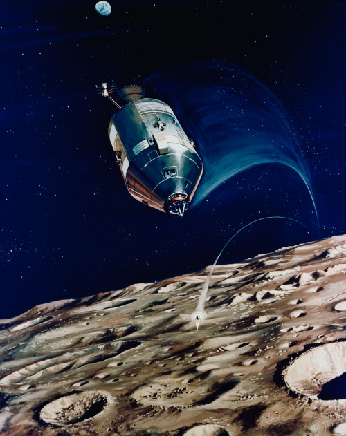 gunsandposes-history:  Vintage 1971 NASA concept art shows the Apollo 14 command module hurtling around the Moon as the lunar module heads in for a lunar landing. (NASA)