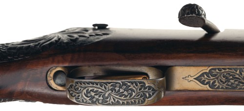 Magnificent engraved, gold inlaid Mauser Model 66S bolt action sporting rifle with carved stock.  Bu