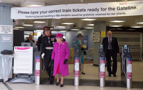 Queen Elizabeth II arrives at Plymouth Railway Station as she visits the city on March 20, 2015 in P