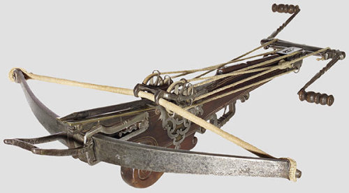 A heavy steel crossbow with hand crank, Dutch, 17th century.