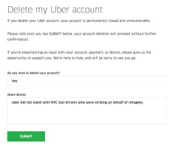 onlyblackgirl:  commanderoswald:  ladylisa:  commanderoswald:   Everyone should delete their Uber accounts and tweet screenshots of you doing so to @uber and @ubernyc. Not only is their CEO Travis Kalanick working and supporting the Orange Demon as a