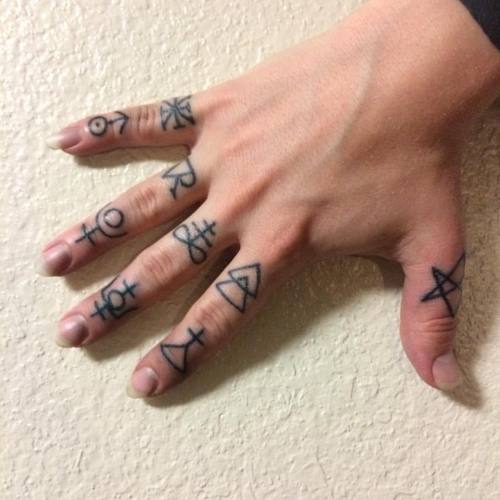 More alchemical symbols for nick. Upper knuckles healed. Bonus new hexagram on thumb. Made by hand. 