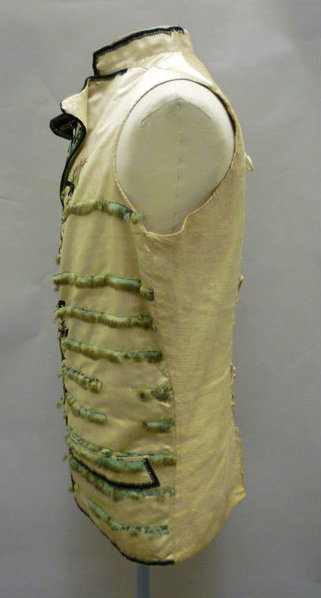 Man’s waistcoat, probably British, 1780′s. Silk satin with silk embroidery, silver spangles, velvet 