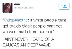 diamondpopepussy:  lovinmymelanin:  emgeerassohl:  blacksnobbery:  17mul:  sassy-crazy-beautiful:  crime-she-typed:  White people have reached another low thinkin we’re gonna put some stringy ass flat hair on our heads we don’t downgrade for nobody