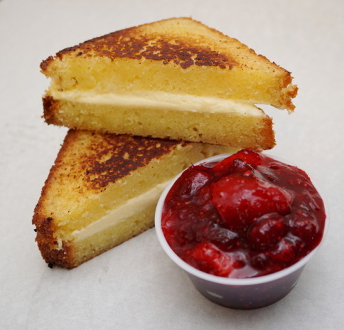 Grilled Cheese Cakes!Lemon pound cake, filled with New York cheese cake, buttered and grilled to per