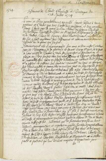 Testament de le reine Claude de France, 26 Juillet 1524 (Bibliotheque de l'institut)