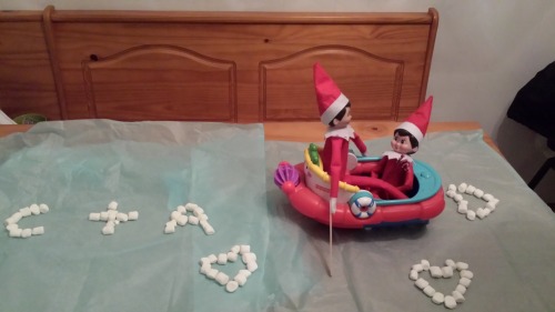 Elf on the Shelf Boat Ride Two elves, Coby and Anna, have taken a boat ride across the table.
