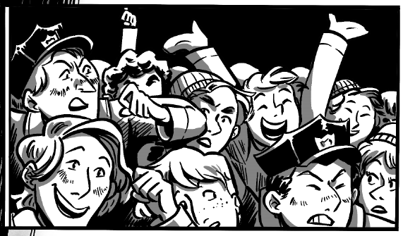 black and white comic panel of some irritated police officers in hats trying to elbow their way through a cheering crowd.