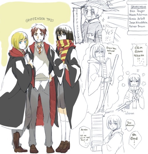 rivailleplz:  ask—rivaille:  most-powerful-soldier:  killthemtitans:  lucky7marco:  reiner—braun:  進撃のホグワーツ by なし   (( oh my gosh I love hp aus. I picture Jean wanting to be in Slyth but ends up being sorted into Gryff and he rages