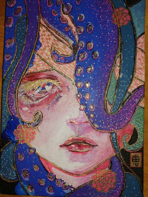 “Insomnia” acrylic paint, watercolor, and gel pen on 5"x7" canvas.Original for