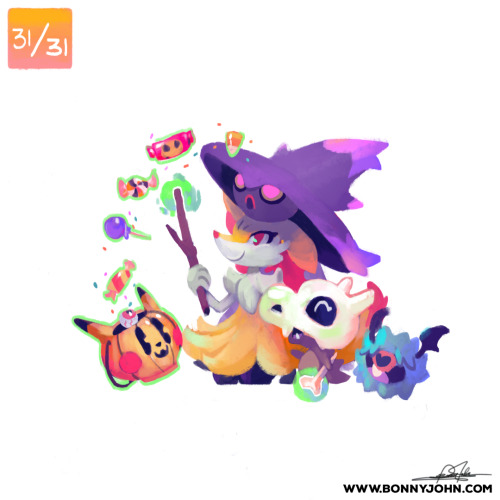 Day 31 of the Pokemon x Halloween Illustration Series!Cubone, Braixen, Mismagius and WoobatHappy Hal