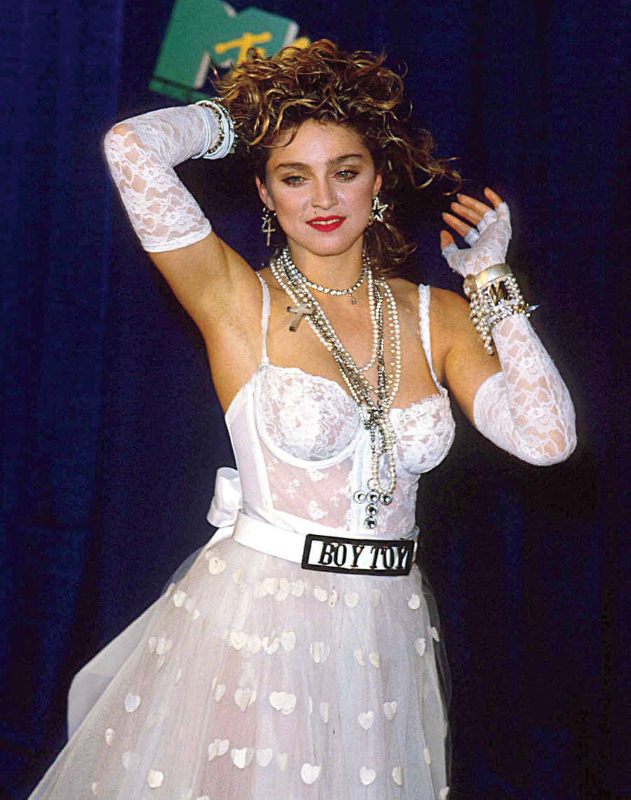 <p>Madonna’s iconic BOY TOY Like A Virgin wedding dress (1984)</p>