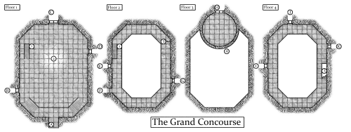A dungeon map of an octagonal room labeled The Grand Course. The room spans 4 floors. Floor one has a passage, marked A, that enters from the south onto a landing with two staircases descending into the room. In the south side of the west wall is a door labeled B. A double door on the north wall is labeled C. A door on the north side of the east wall is a door labeled D. Toward the north west part of the room is a set of stairs going up labeled 1. In the center of the room is a lighter section labeled 2. On floor 2, there is a balcony overlooking the level below. Along the west wall is a door labeled E and a portcullis labeled F. On the east wall is a door labeled G. A staircase down on the west side is labeled 1, and a broken staircase up on the east side is labeled 3. Floor 3 has no balcony, but has a single round chamber on the north side divided from the main room by a thin wall. This room is labeled 4, and has a door to the north labeled H. On the fourth floor, there is once again balcony. Here, a door to the west is labeled I, a door to the north is labeled J, a door to the east is labeled K, and there is a broken staircase down labeled 3.