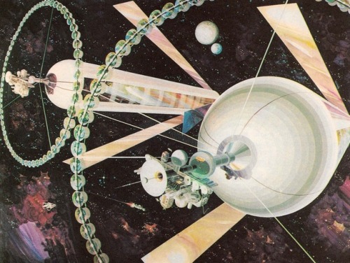 talesfromweirdland:Space colonies as envisioned by NASA in the 1960s/1970s. The wheel-shaped constru