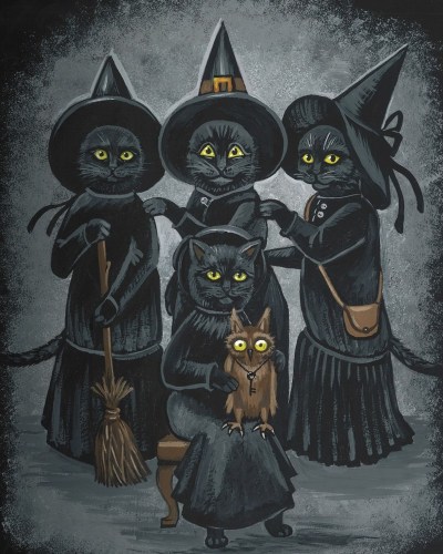 ACEO HALLOWEEN print of  PAINTING RYTA WITCH BLACK CAT MOON AUTUMN EQUINOX FALL 