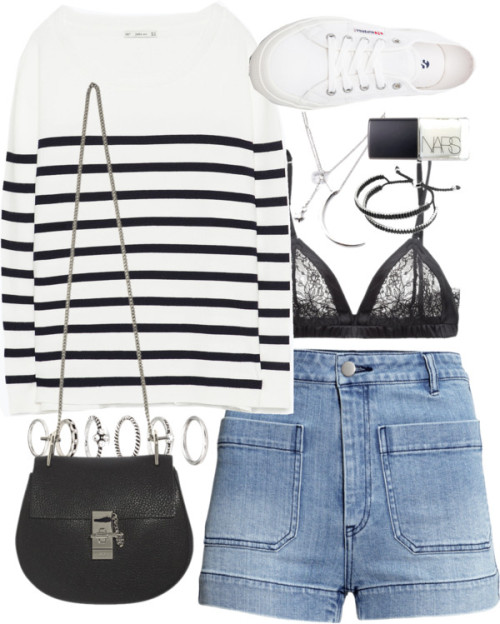 styleselection:  Outfit for summer by ferned featuring white shoesZara white top, 24 AUD / Samantha Chang black lingerie, 66 AUD / H&M denim shorts, 31 AUD / Superga white shoes, 86 AUD / Chloé saddle bag, 2 195 AUD / Links of London silver bracelet,