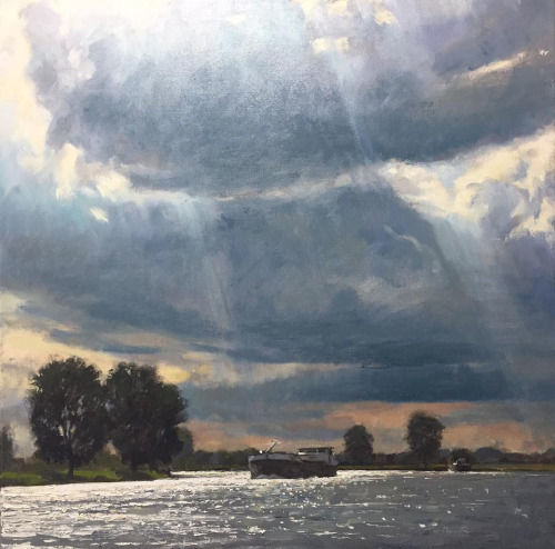 Clouds over the Maas   -   Richard van Mensvoort Dutch,b.1972-Oil on linen, 80 x 80 cm.