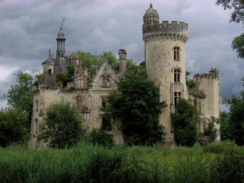 voiceofnature:   This forgotten castle (Château de la Mothe-Chandeniers) was abandoned after a fire In 1932. Seeing it up close Is breathtaking. These days it seems like castles only exist in storybooks and Disney movies. What happened to the foreboding