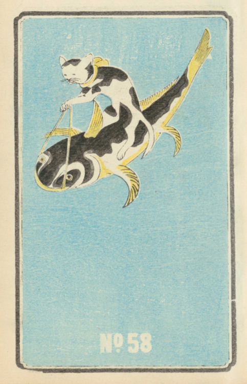 nemfrog:No. 58. Fish-riding cat.  Illustrated catalog of day light bomb shells. Hirayama Fireworks. 