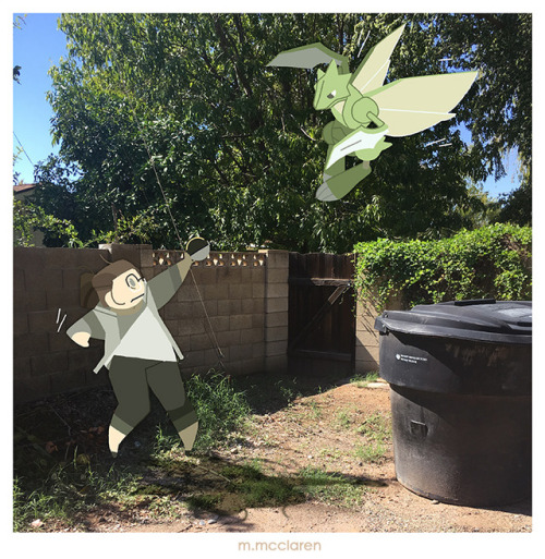 Scyther belongs to Pokemon . Artwork by Meredith McClaren[Description: A photo of an alley.  A 