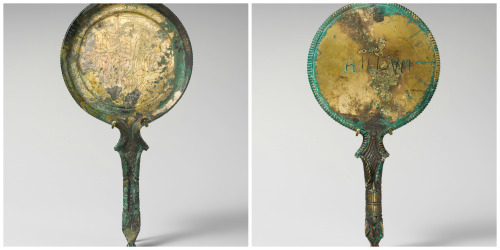 via-appia:Bronze mirror, Prometheus Unbound. Inscriptions read: Esplace (Asclepius), Prumathe (Prome