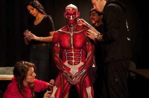 neptuneisforlovers:  autremondeimagination:  RMIT University lecturer Dr. Claudia Diaz’s senior anatomy students get an interesting hands-on lesson by painting the human musculoskeletal system on a live model   thought this was elaborate SNK cosplay