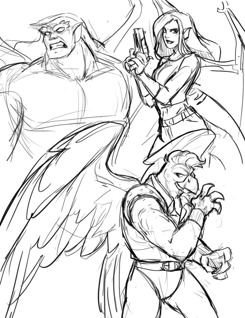 youkaiyume:Hello some gargoyles sketches based on my Patreon Poll.Goliath, Garg!Elisa, Griff, Brookl