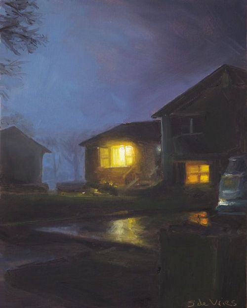 Driveway at night    -   Serge de VriesDutch,b.1968-Oil on panel ,19 x 15 cm.